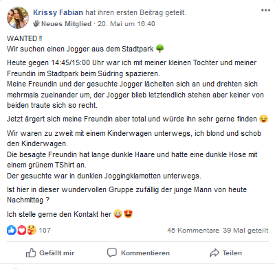 Mit diesem Aufruf sucht Krissy für ihre Freundin nach dem Jogger