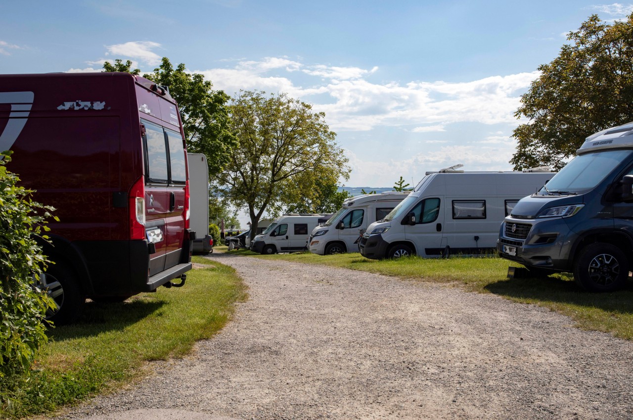 Seite an Seite stehen Camping-Fahrzeuge auf einem Platz am Wasser.