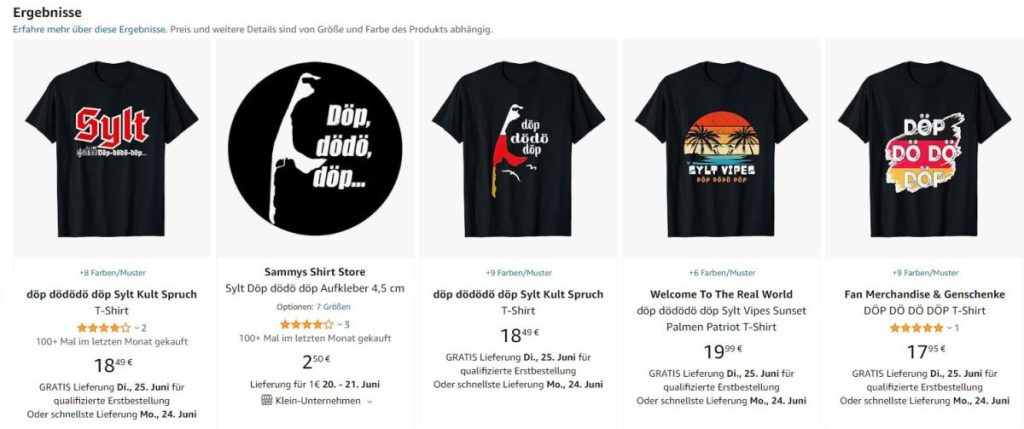 Eine Auswahl der derzeit bei Amazon erhältlichen Artikel, die sich auf den rassistischen Vorfall auf Sylt beziehen.